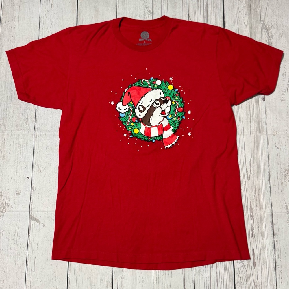 Buc-ees Never Calm Always Bright unisex L red short sleeve Christmas tshirt